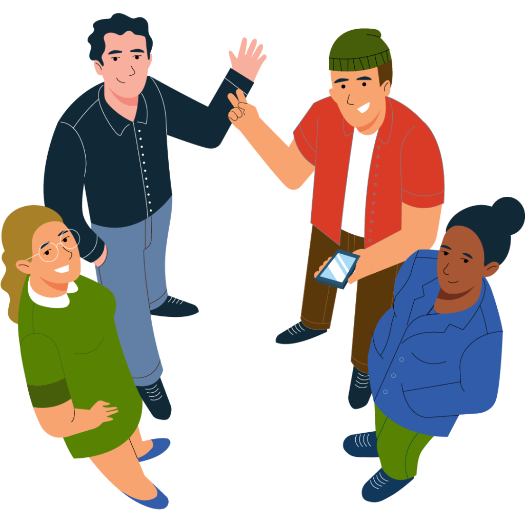 4 friends looking at you and greeting by waving